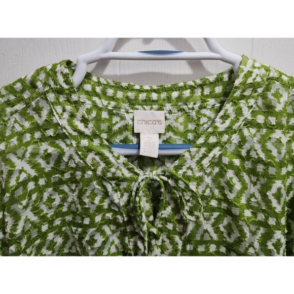 Chico's Women's Long Sleeve V Neck Tunic Top Green/White Semi-Sheer Size 2 (L) - Picture 2 of 10